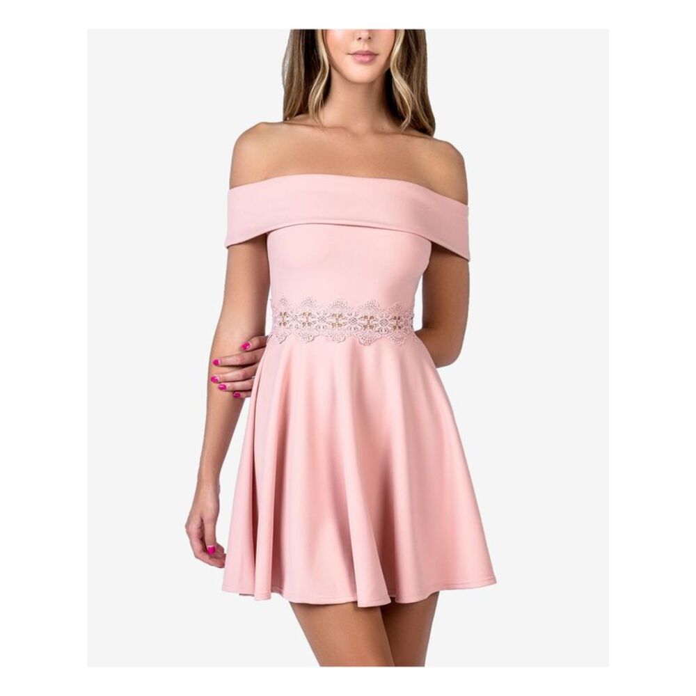 B DARLIN Womens Embroidered Off Shoulder Short Formal Fit + Flare Dress